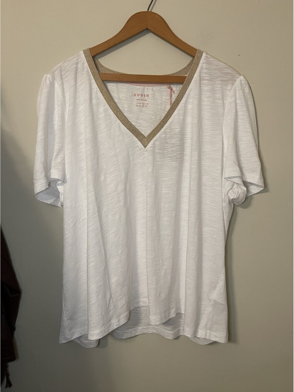 BODEN Gold Metallic Trim V-Neck Slub Jersey Short Sleeve White Shirt Top 16-18